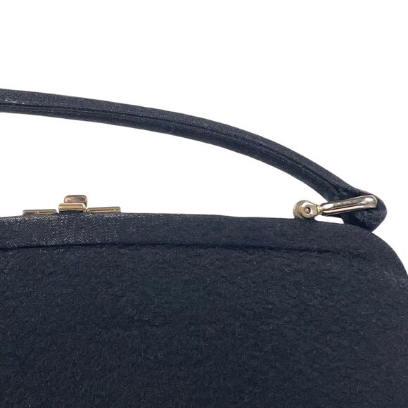 1950s Vintage Suede Handbag Gathered Fabric Clasp Gold Hardware Black VTG - Picture 8 of 14